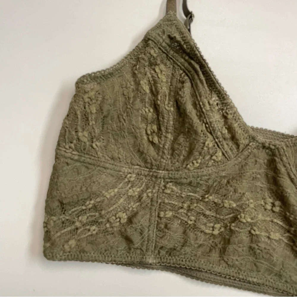 Free People Bralette Corset Crocheted Lace Asian Floral No Padding Olive Green
